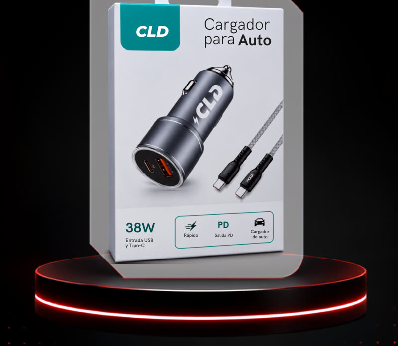 Cargador para auto CLD 38W con cable tipo C a tipo C en su caja